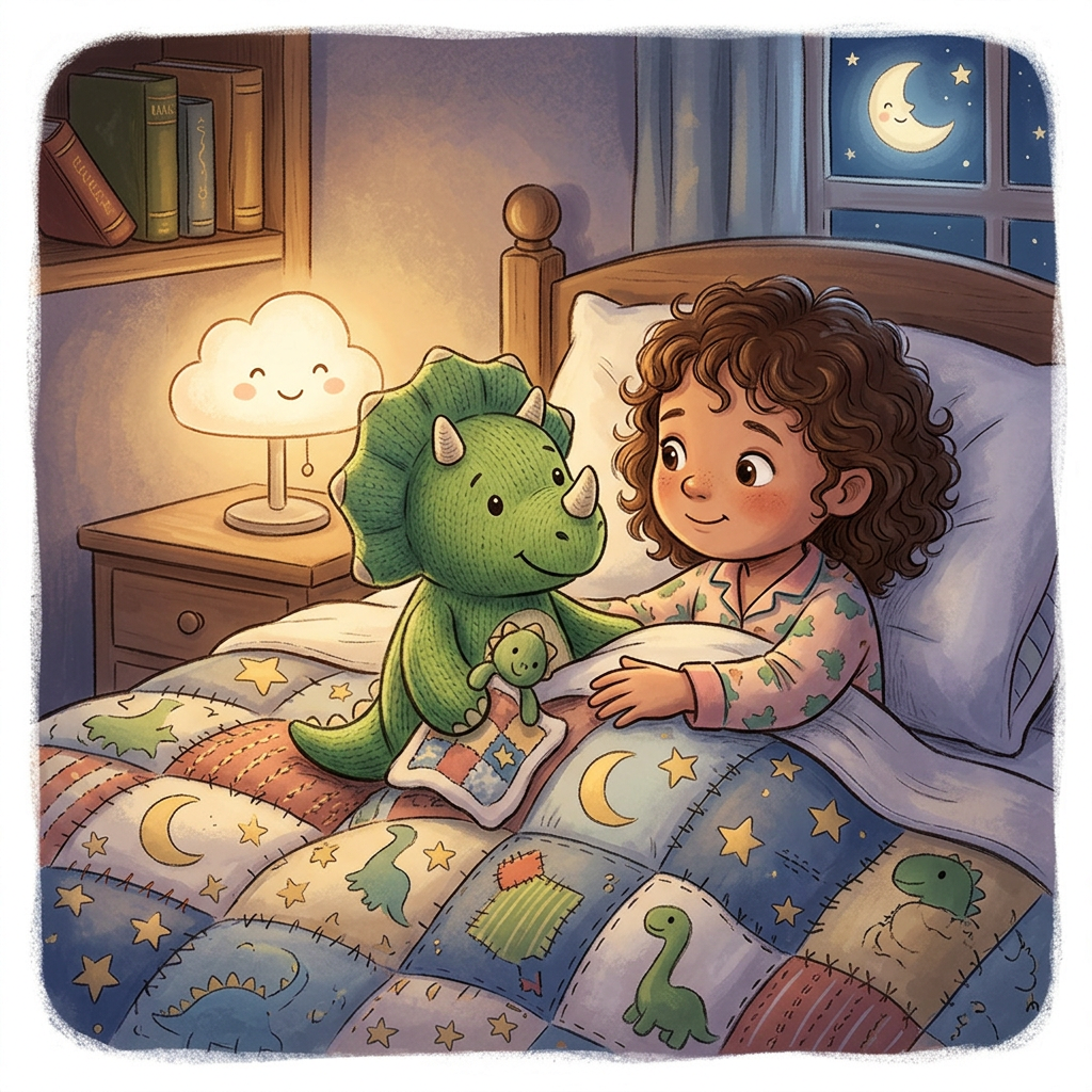 Bedtime illustration featuring a dinosaur toy and blanket