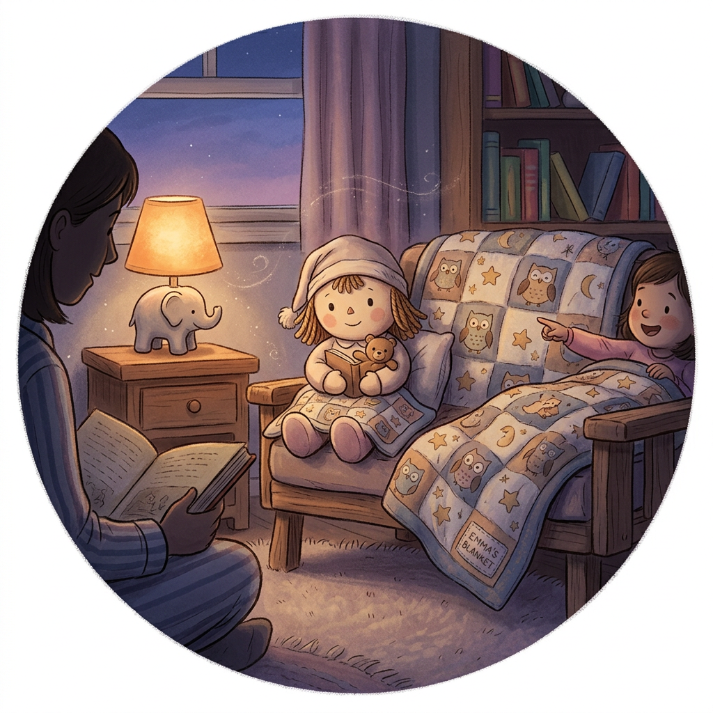 Bedtime illustration featuring a doll and blanket