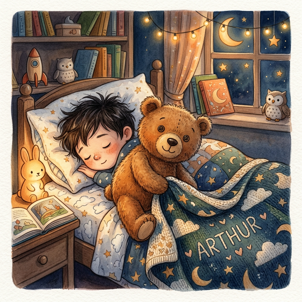 Bedtime illustration featuring a teddy bear and blanket