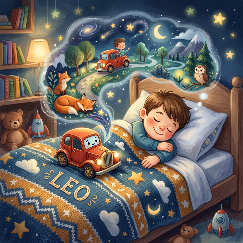 Bedtime illustration featuring a toy car and blanket
