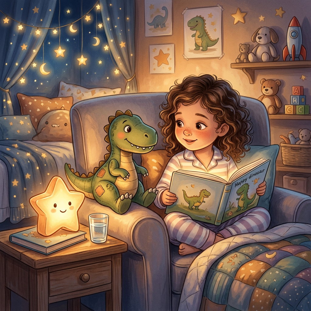 Bedtime illustration featuring a dinosaur toy and night light