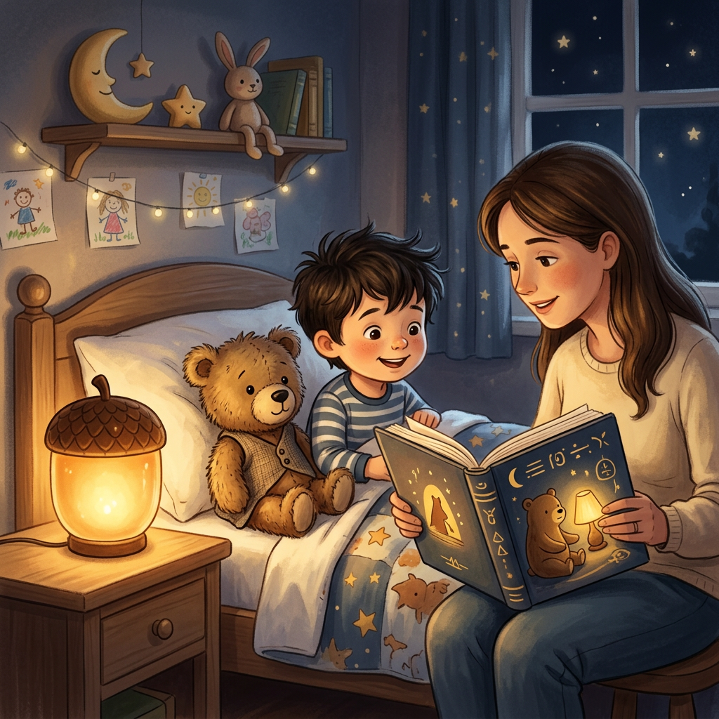 Bedtime illustration featuring a teddy bear and night light