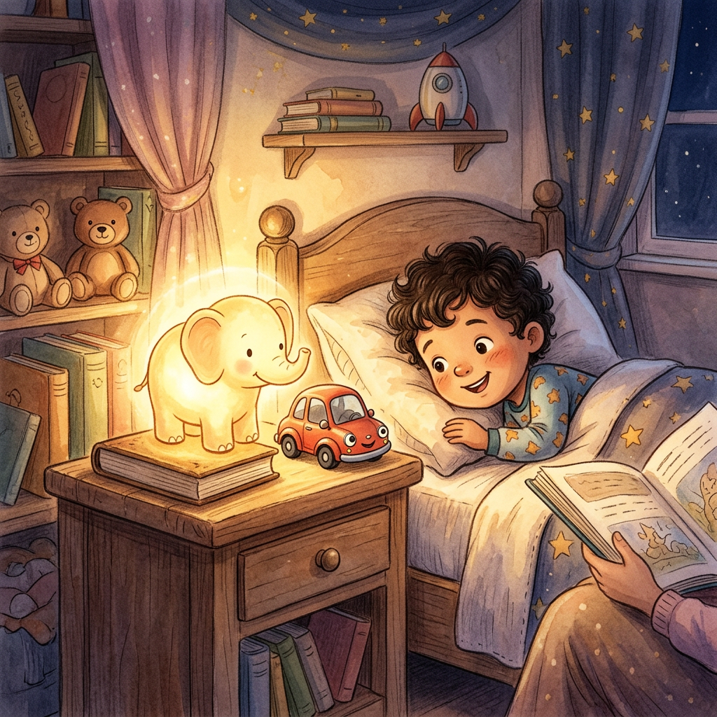 Bedtime illustration featuring a toy car and night light