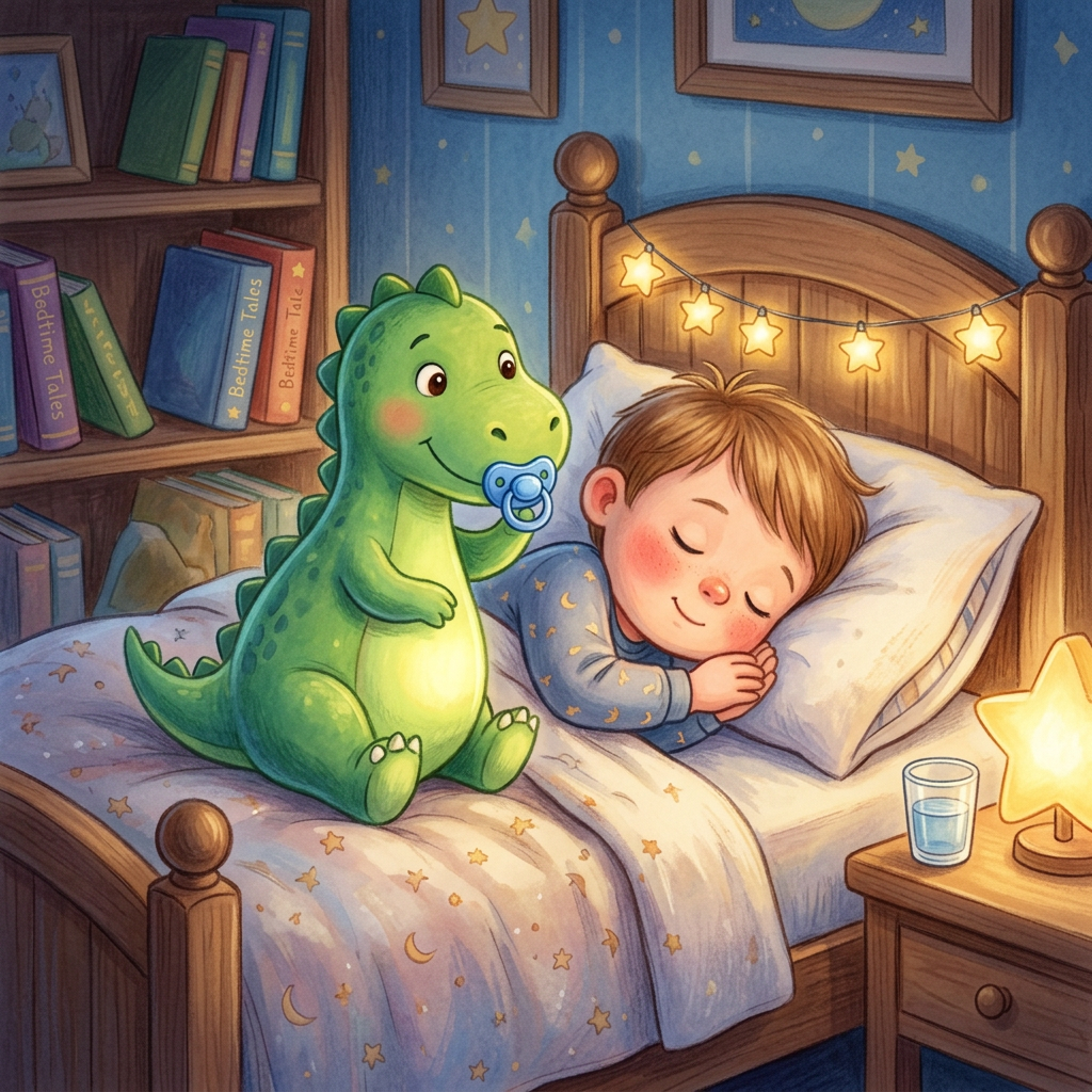 Bedtime illustration featuring a dinosaur toy and pacifier