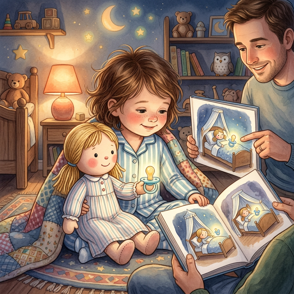 Bedtime illustration featuring a doll and pacifier