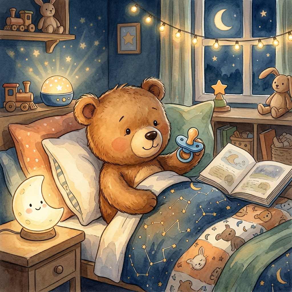 Bedtime illustration featuring a teddy bear and pacifier