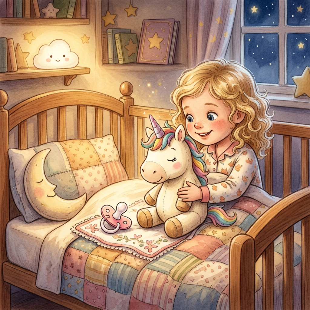 Bedtime illustration featuring a unicorn plush and pacifier