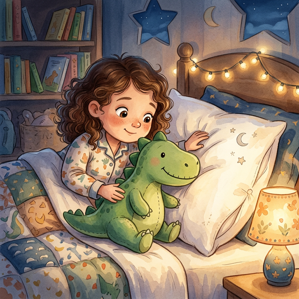 Bedtime illustration featuring a dinosaur toy and pillow