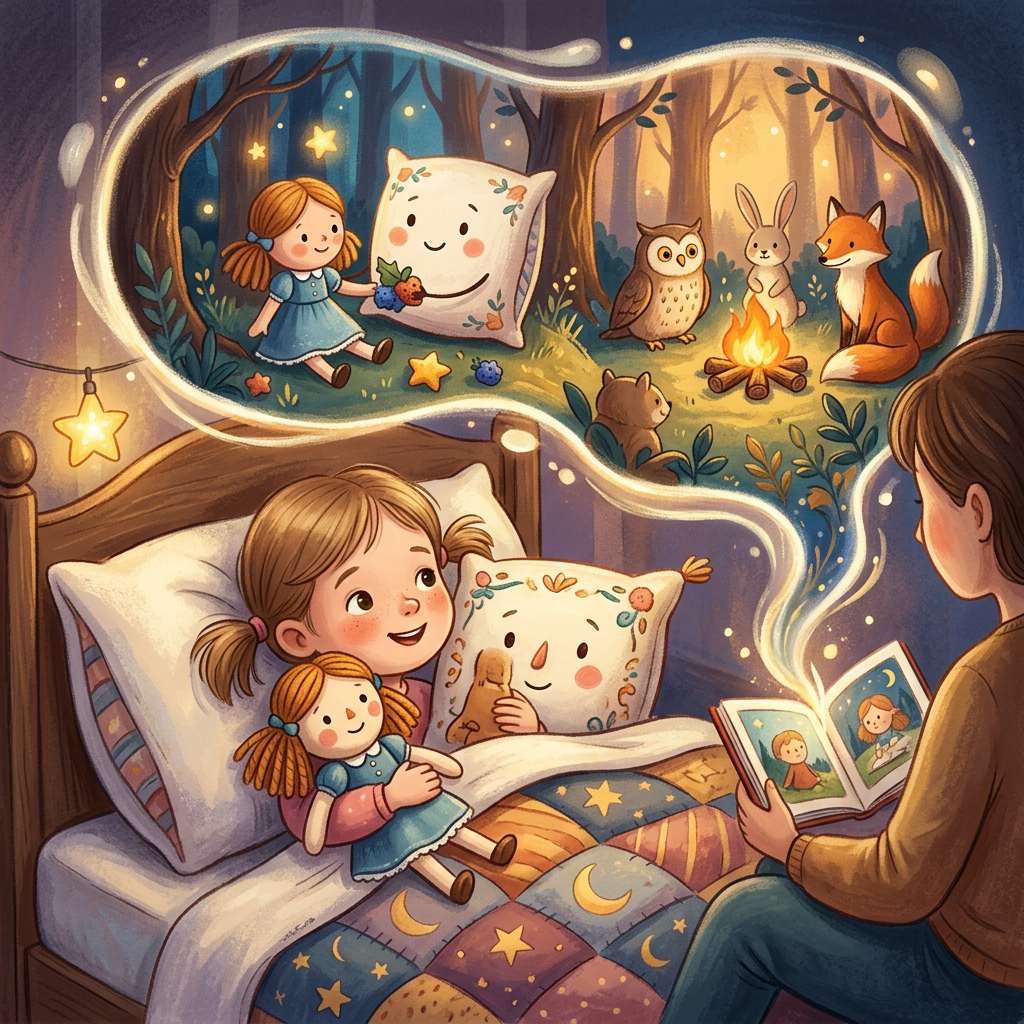 Bedtime illustration featuring a doll and pillow
