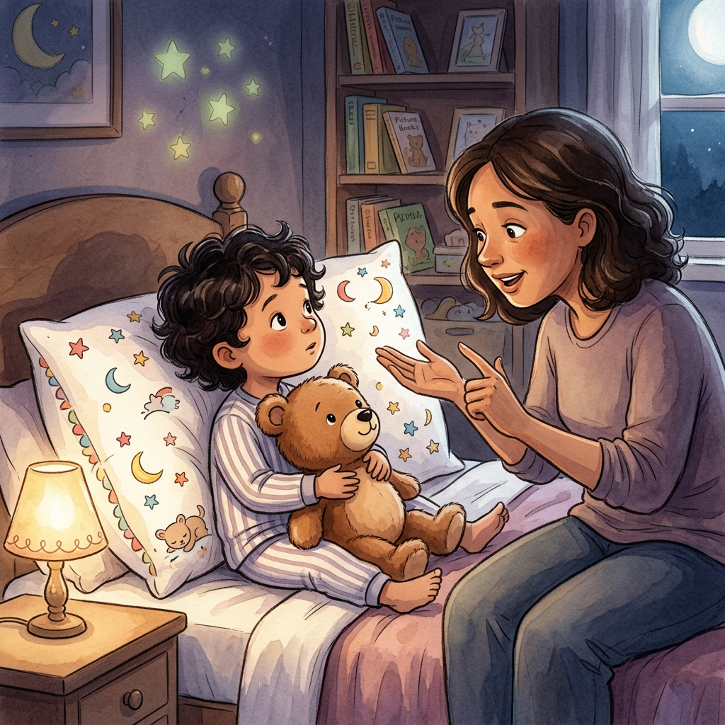 Bedtime illustration featuring a teddy bear and pillow