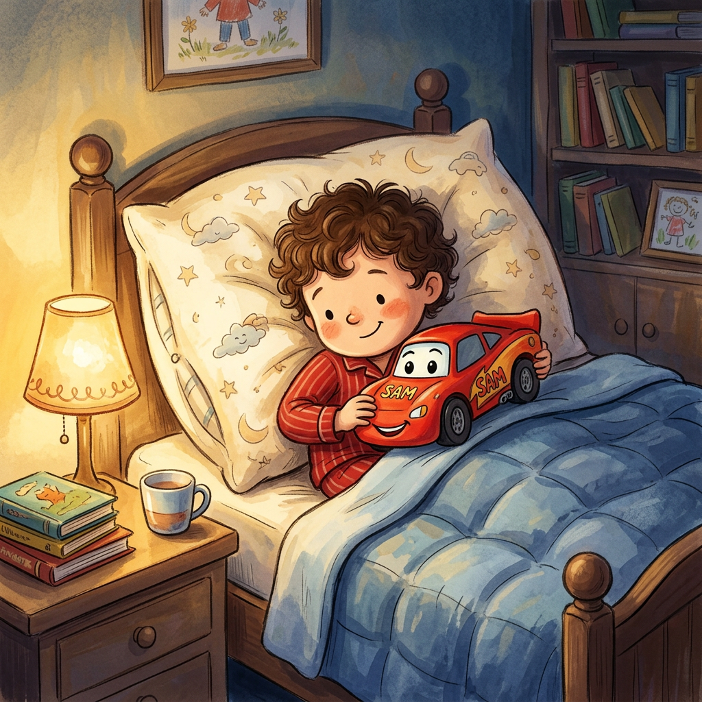 Bedtime illustration featuring a toy car and pillow