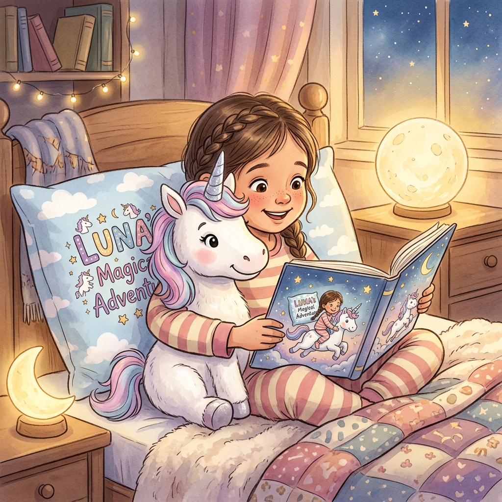 Bedtime illustration featuring a unicorn plush and pillow