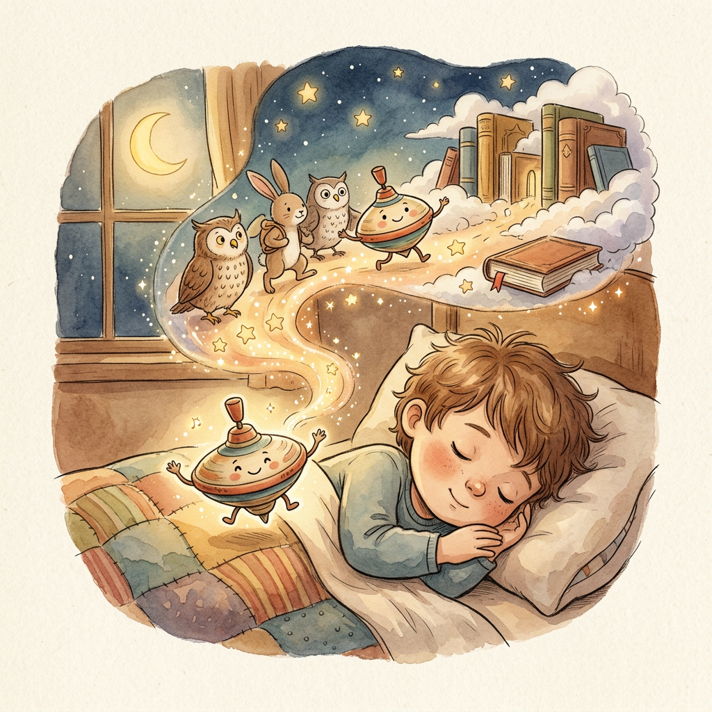 Generic Beyblade toy-inspired bedtime story illustration
