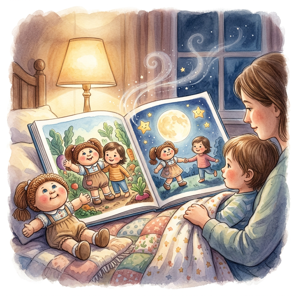 Generic Cabbage Patch Kids toy-inspired bedtime story illustration