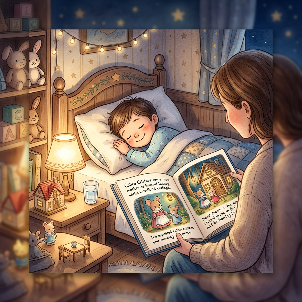 Generic Calico Critters toy-inspired bedtime story illustration