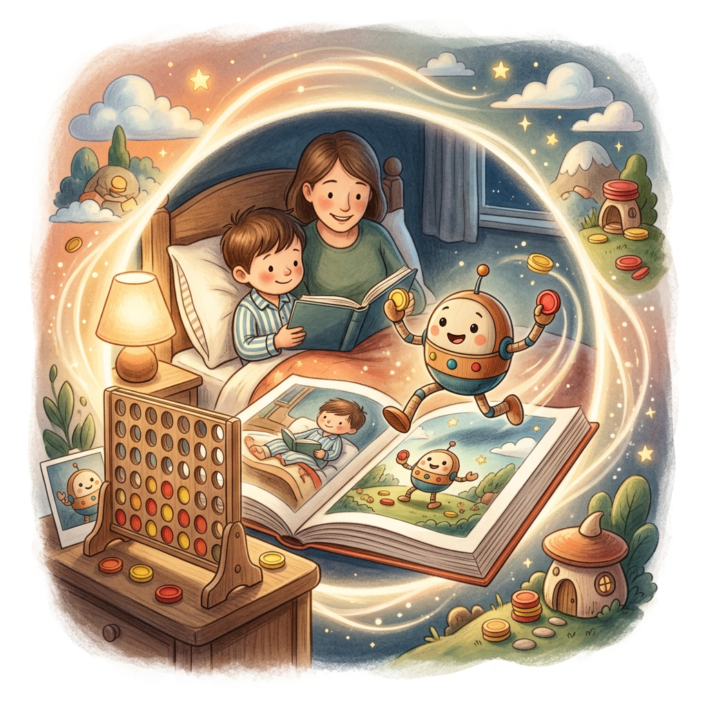 Generic Connect 4 toy-inspired bedtime story illustration