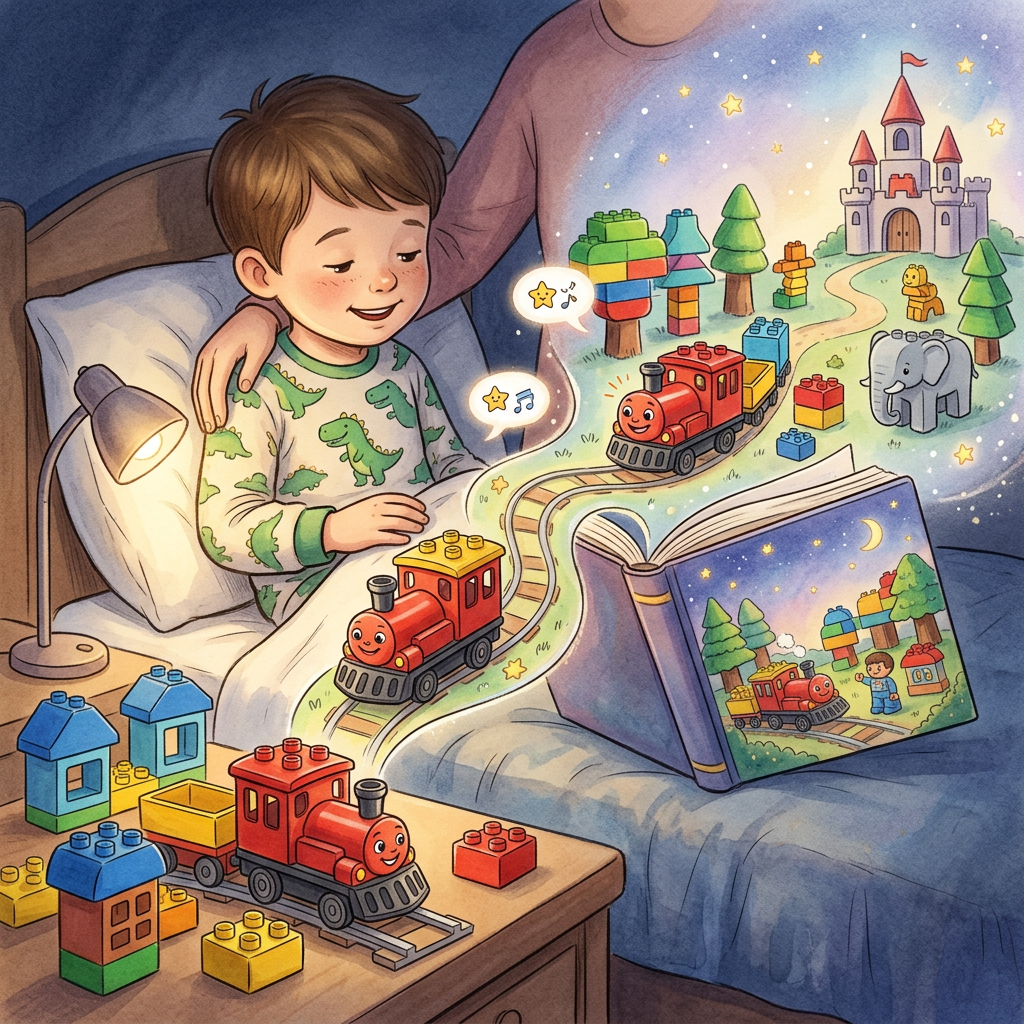 Generic Duplo toy-inspired bedtime story illustration