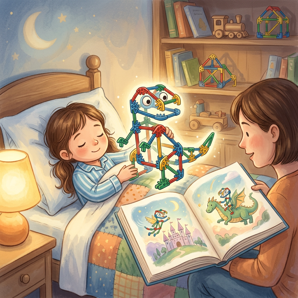 Generic K'NEX toy-inspired bedtime story illustration