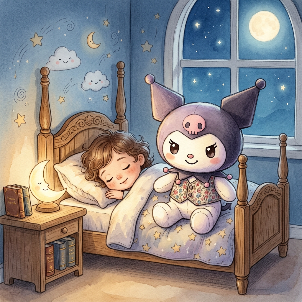 Generic Kuromi Plush toy-inspired bedtime story illustration