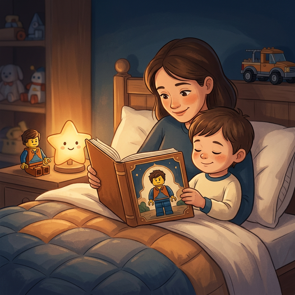 Generic LEGO toy-inspired bedtime story illustration