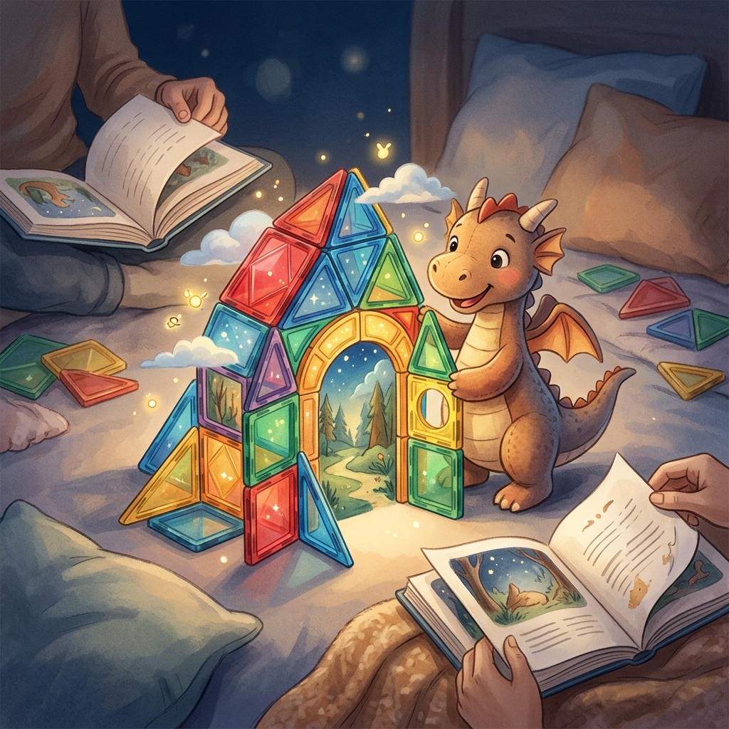 Generic Magna-Tiles toy-inspired bedtime story illustration
