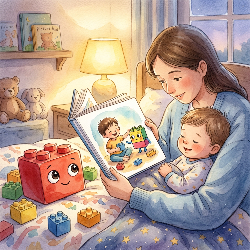 Generic Mega Bloks toy-inspired bedtime story illustration