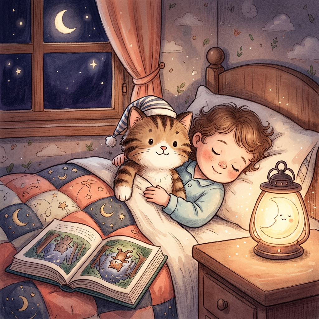 Generic Pusheen Plush toy-inspired bedtime story illustration