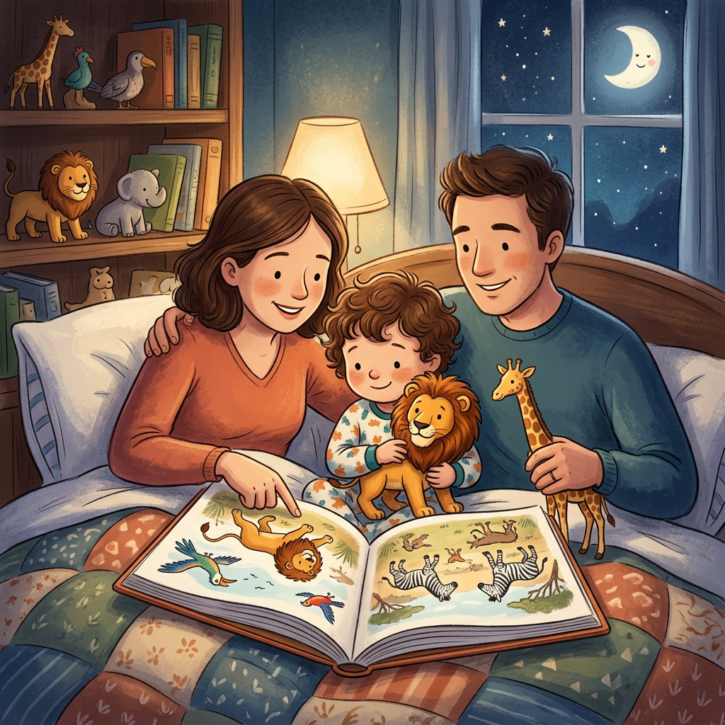 Generic Safari Ltd toy-inspired bedtime story illustration