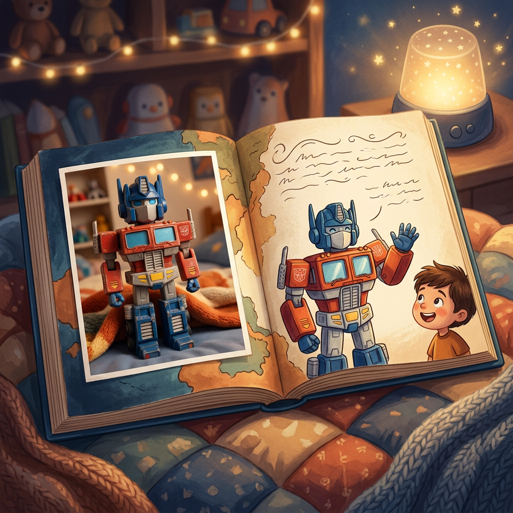 Generic Transformers toy-inspired bedtime story illustration