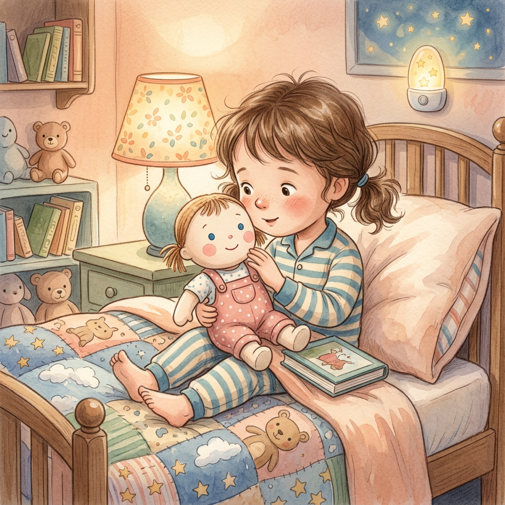 Child-friendly baby doll bedtime scene with calm storytelling mood