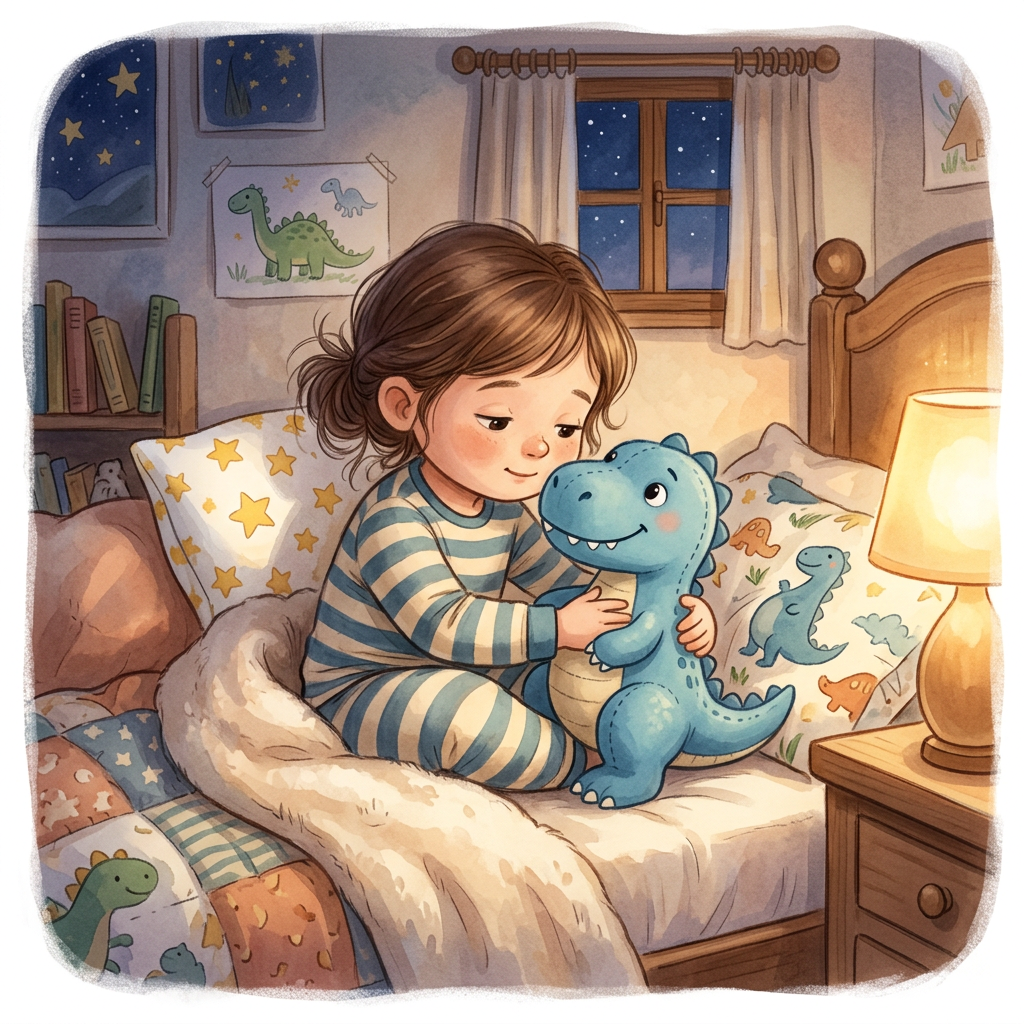 Child-friendly dinosaur toy bedtime scene with calm storytelling mood