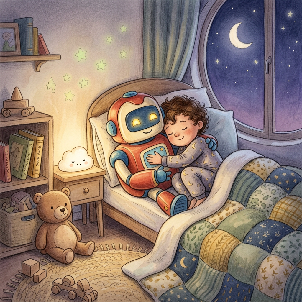 Child-friendly robot toy bedtime scene with calm storytelling mood