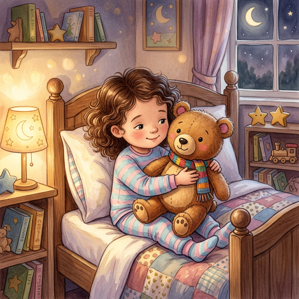 Child-friendly stuffed animal bedtime scene with calm storytelling mood