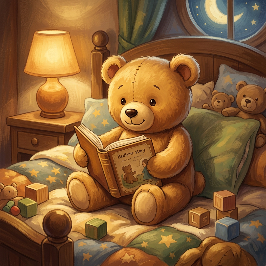 Child-friendly teddy bear bedtime scene with calm storytelling mood