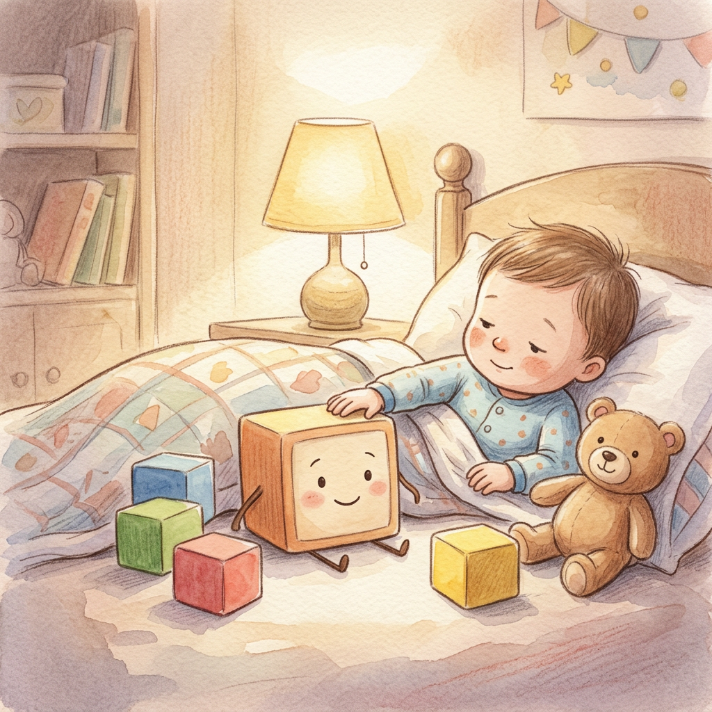 Child-friendly building blocks bedtime scene with calm storytelling mood