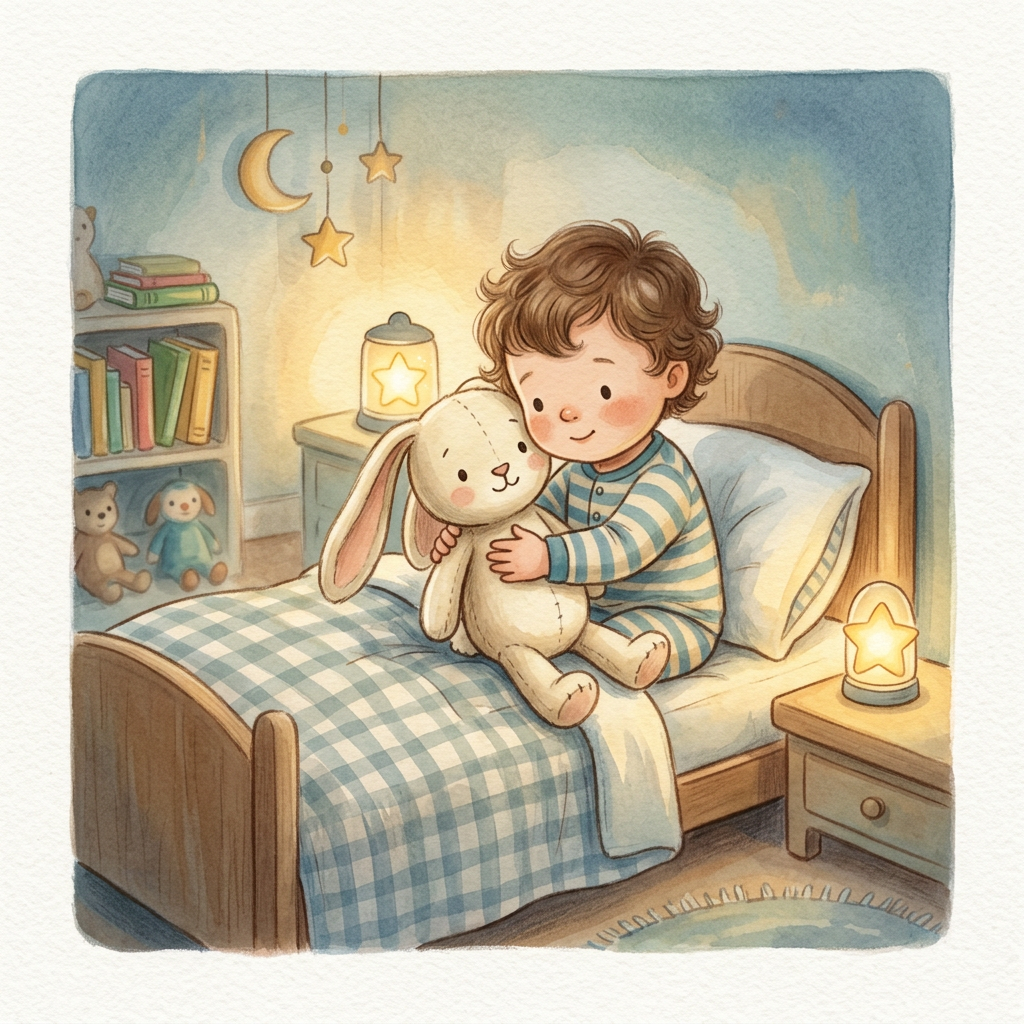 Child-friendly bunny plush bedtime scene with calm storytelling mood