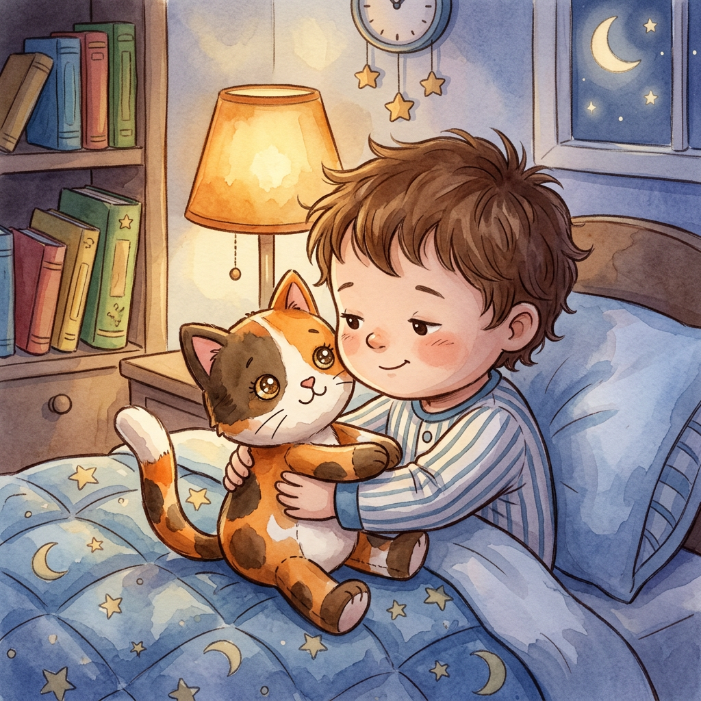 Child-friendly cat plush bedtime scene with calm storytelling mood