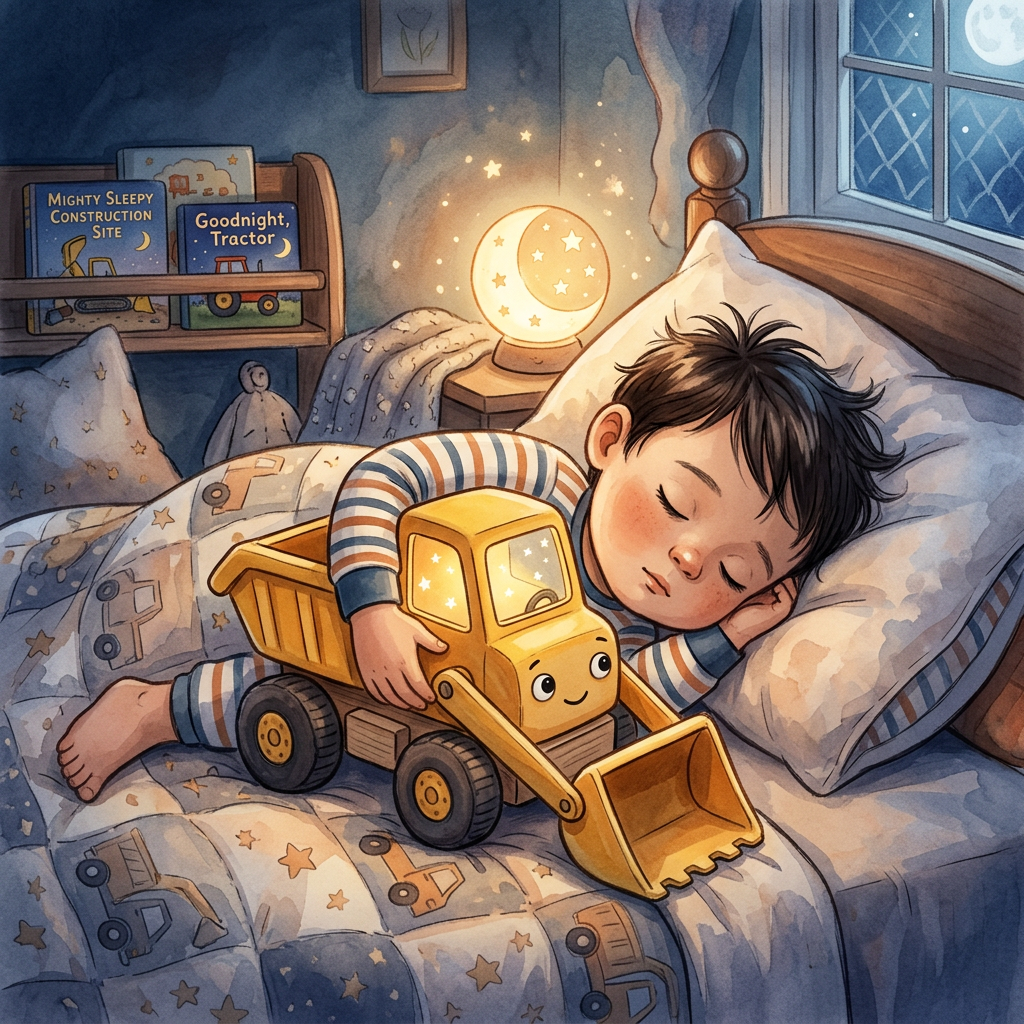 Child-friendly construction toy bedtime scene with calm storytelling mood