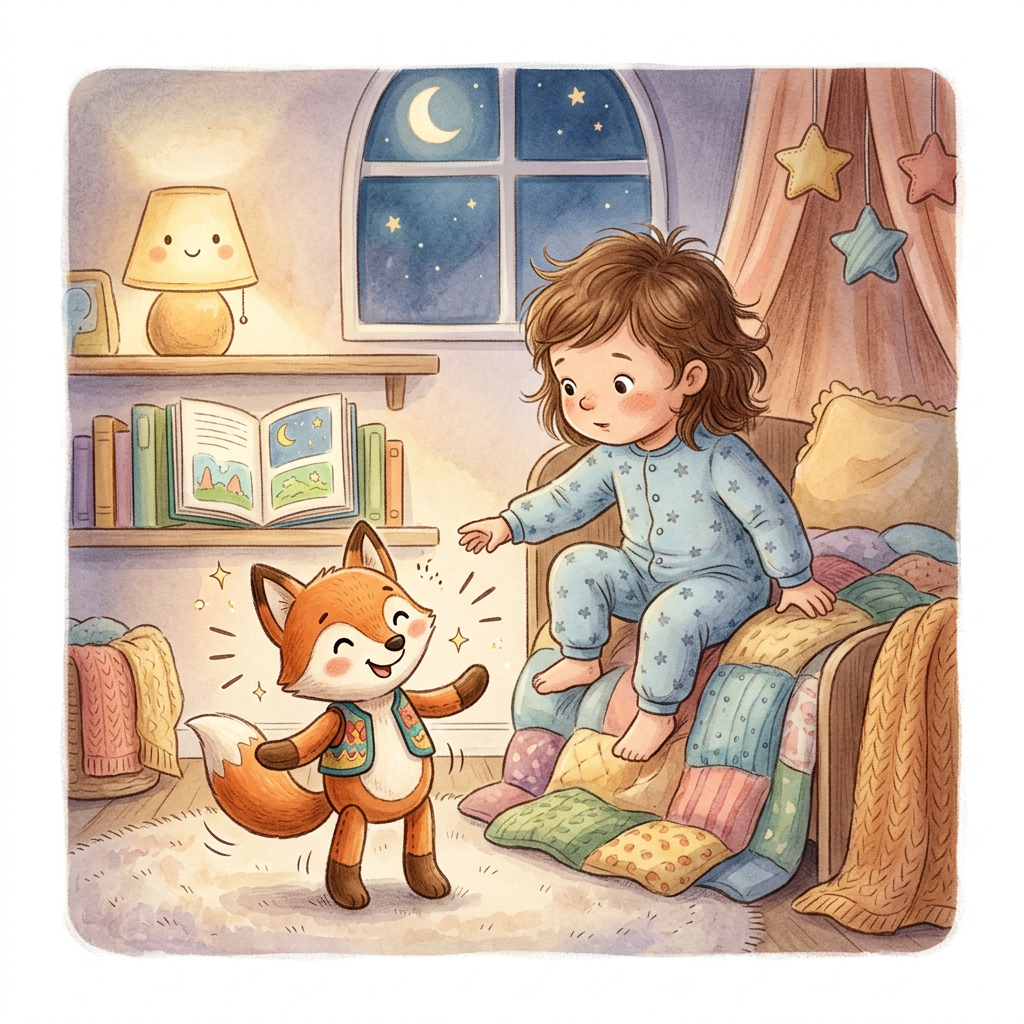 Child-friendly dance toy bedtime scene with calm storytelling mood