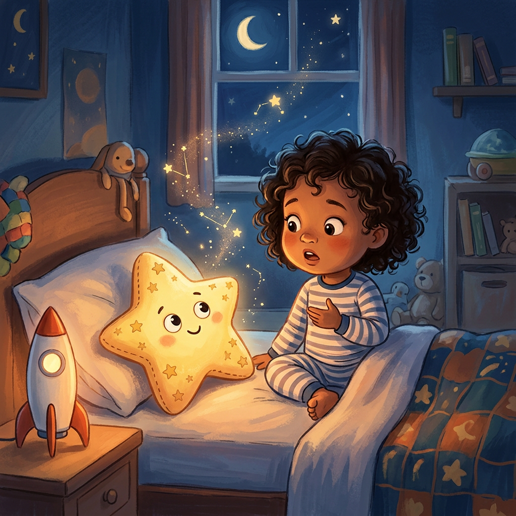 Child-friendly space toy bedtime scene with calm storytelling mood