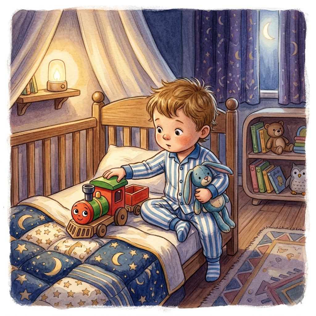 Child-friendly train toy bedtime scene with calm storytelling mood
