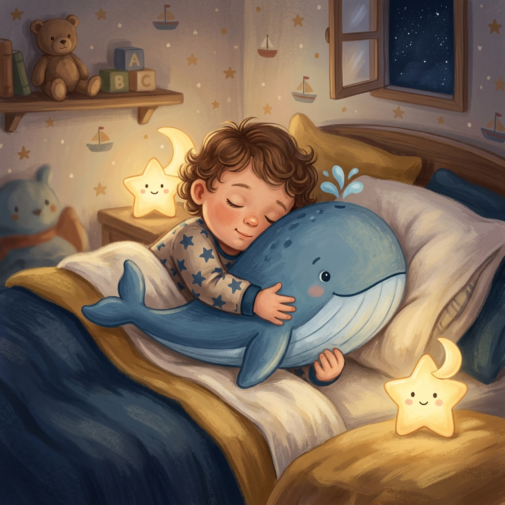 Child-friendly whale plush bedtime scene with calm storytelling mood